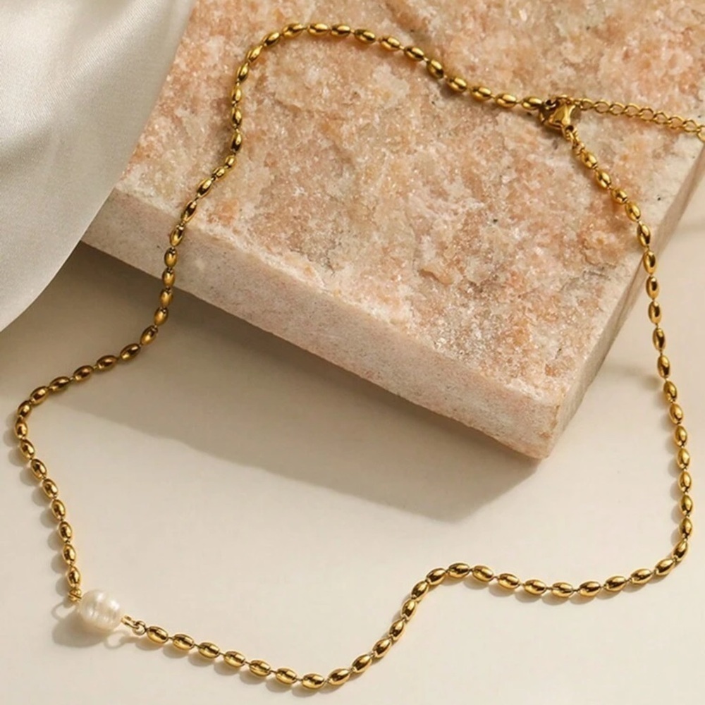 18K Gold Plated Stainless Steel Bead Necklace Adorned With White Pearls … - Picture 4 of 7